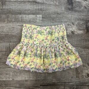 Harper Wren Yellow‎ Floral Smocked Mini Skirt Ruffle Hem Pastel Cottagecore Sz M